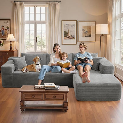 106" Cloud Sectional Couch with Chaise Lounge,L Shaped Modular Modern Sofa,Comfy Corduroy Fluffy Couches with Deep Seat,No Assembly Required Couch for Living Room(Right,Stripe Corduroy,Gray)