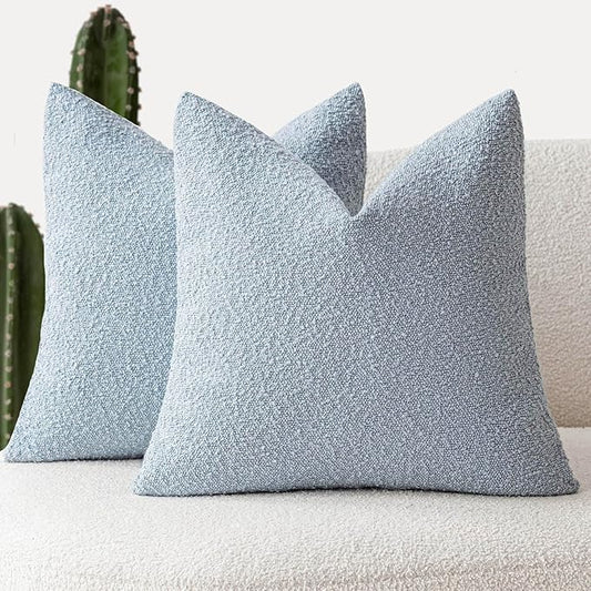 Foindtower Pack of 2 Modern Textured Boucle Throw Pillow Covers Accent Solid Decorative Pillow Cases Cozy Woven Couch Cushion Case for Chair Sofa Bed Living Room Home Decor, 18 x 18 Inch, Light Blue