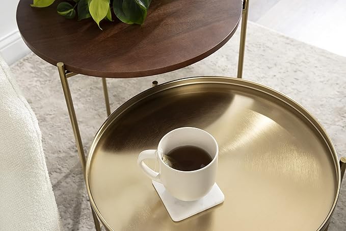 Kate and Laurel Ulani Modern Nesting Side Table, Set of 2, Walnut Brown Wood and Gold Metal, Glamorous End Tables for Storage and Display