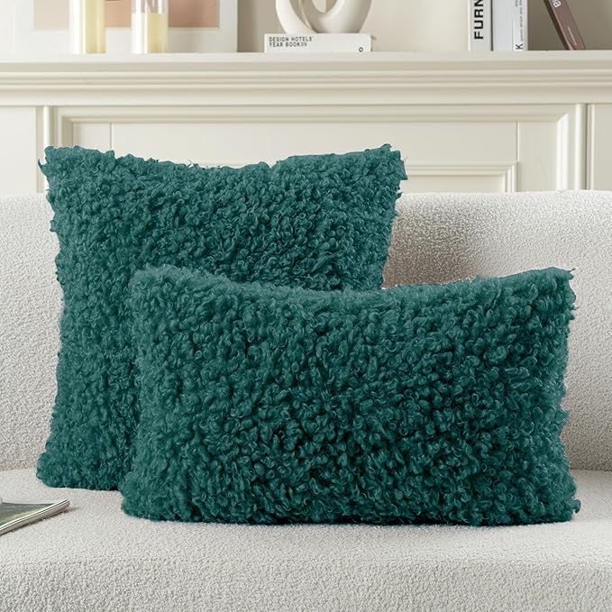 FUTEI Teal Decorative Throw Pillow Covers 16x16 Inch Set of 2,Soft Fluffy Faux Wool Fur Boucle Textured Cushion Case,Modern Home Decor for Couch Bed Living Room Office