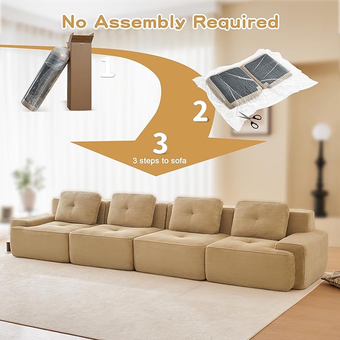 150.4” Camel Boneless Couches for Living Room, Modular Sectional Sofa, 4 Seater Comfy Upholstered Deep Seat Corduroy Fabric Cloud Couch No Assembly, Anti-Slip Design