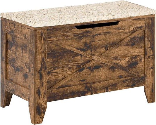 VECELO 30" Storage Bench, Entryway Shoe Ottoman, Farmhouse Style Bench with Handwoven Cushion and Metal Safety Hinges, for Bedroom, Living Room, Entryway, Brown