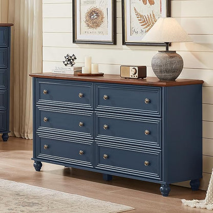 6 Drawers Dresser for Bedroom, Farmhouse 54" Wide Wood Dressers Chest of Drawers, Vintage Design TV Stand, Rustic Storage Dresser Organizer with Metal Handle Closet for Living Room, Hallway