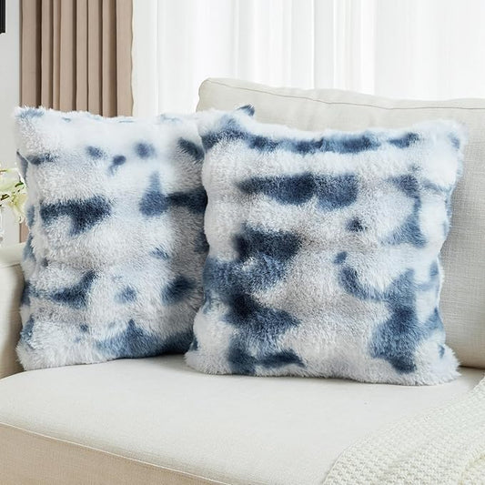 FUTEI Blue White Decorative Throw Pillow Covers 22x22 Inch Set of 2,Soft Fuzzy Faux Rabbit Fur Cushion Covers with Raised Texture,Neutral Boho Home Decor for Couch Bed Living Room