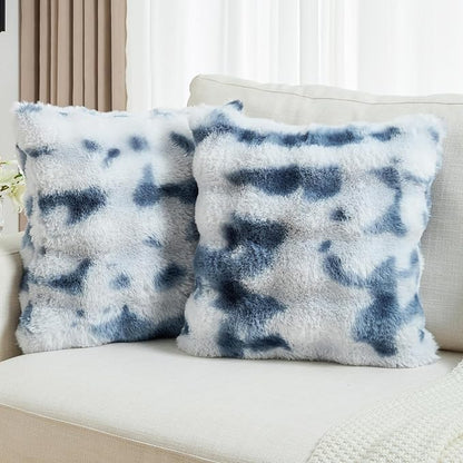 FUTEI Blue White Decorative Throw Pillow Covers 26x26 Inch Set of 2,Soft Fuzzy Faux Rabbit Fur Euro Pillow Shams with Raised Texture,Neutral Boho Home Decor for Couch Bed Living Room