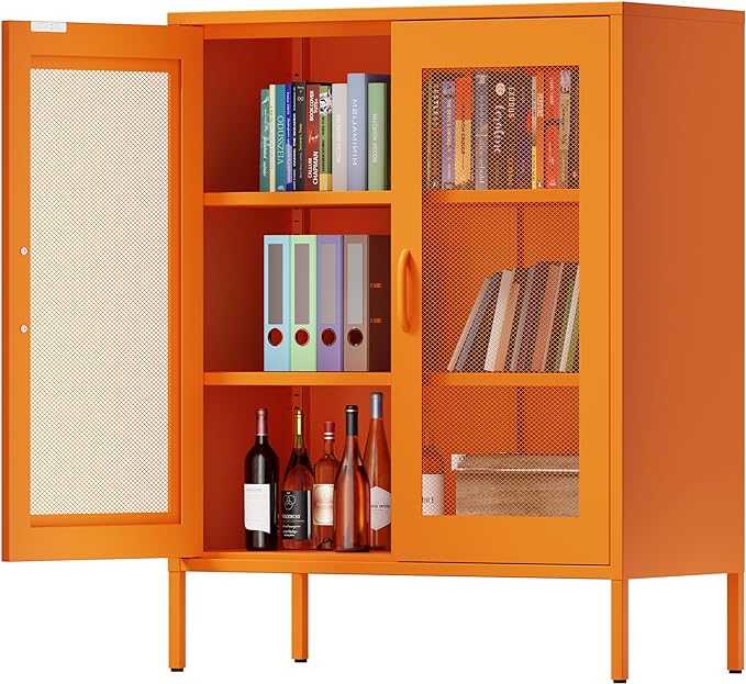 Orange Metal Storage Cabinet with Mesh Doors, Small Office Cabinet with 2 Adjustable Shelves, Accent Metal Locker Storage Cabinet for Home, Office, Living Room, Hallway