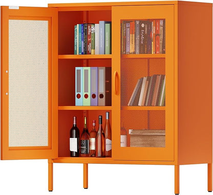Orange Metal Storage Cabinet with Mesh Doors, Small Office Cabinet with 2 Adjustable Shelves, Accent Metal Locker Storage Cabinet for Home, Office, Living Room, Hallway