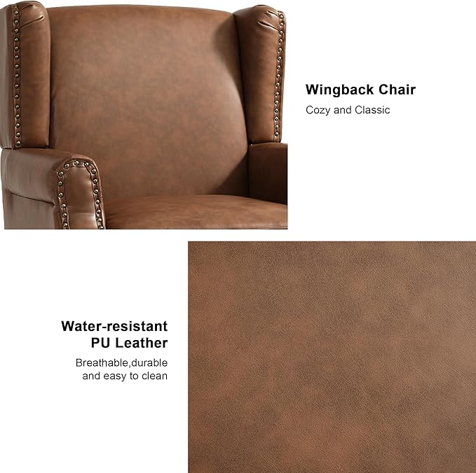 Accent Chair, Upholstered High Back Armchair with Nailhead Trim & Wood Legs, Comfy Wingback Reading Single Sofa Chair for Small Spaces, Living Room, Bedroom (Leather Brown, Set of 1)