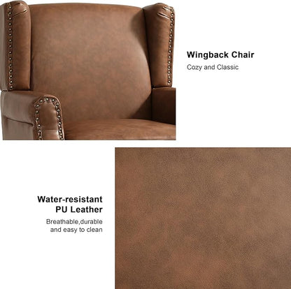 Accent Chair Set of 2, Upholstered Leather High Back Armchair with Nailhead Trim & Wood Legs, Comfy Wingback Reading Single Sofa Chair for Small Spaces, Living Room, Bedroom-Leather Brown, 2 SEAT