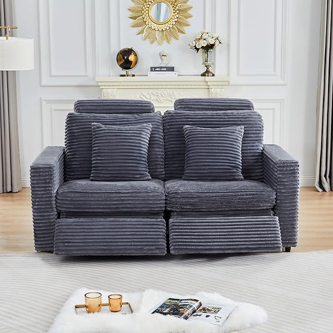 Power Reclining Sectional Sofa, Electric Loveseat Recliner with 2 Electric Footrest and Adjustable Headrest, Modern Plush Corduroy Fluffy Reclining Sectional with Deep Seat for Living Room-Blue Grey