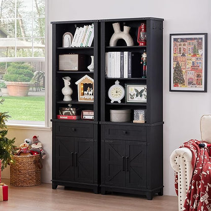 72in Tall Bookshelf 7 Tier Bookcase with Drawer and Barn Doors and Adjustable Shelves, Black Farmhouse Book Shelf with Storage Cabinet, Wood Freestanding Display Bookshelves for Kitchen (4PCS)