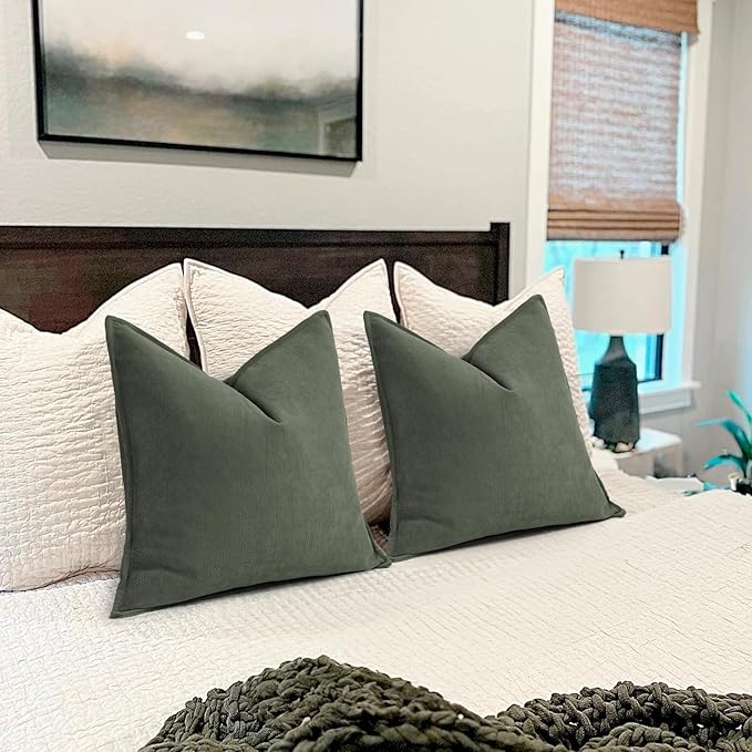 ZWJD Army Green Pillow Covers 18x18 Set of 2 Chenille Throw Pillow Covers with Elegant Design Soft and Luxurious Decorative Throw Pillows for Couch, Bed, and Home Decor