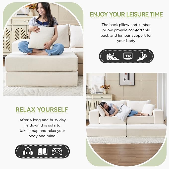 79" Boneless Loveseat Sofa Couch, Modular Foldable Floor Cloud Sofa with Ottoman, Lounge Convertible Sofa Bed for Living Room, No Assembly, Chenille Beige