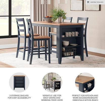 Signature Design by Ashley Gesthaven Modern Counter Height Dining Table with 3 Shelves and Trestle Base, Light Brown & Blue