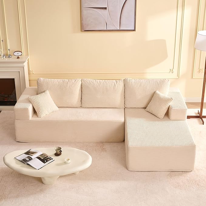 107" Boneless Couch with Deep Seat, Modular Sectional Sofa, Cloud Sectional Couch for Living Room, No Assembly Required, Corduroy, L-Shape Right，White