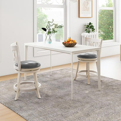 COSTWAY Bar Stool Set of 4 for Kitchen Island, 25.5” Swivel Armless Counter Height Stools with 20'' Wider Padded Seat, Ergonomic Curved Backrest, Rubber Wood Frame (4, Antique White + Gray)
