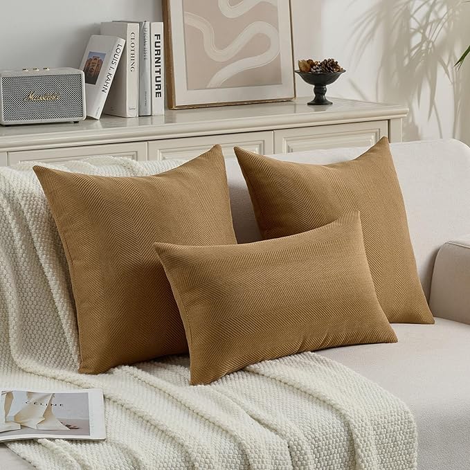 FUTEI Camel Chenille Throw Pillow Covers 22x22 Inch Set of 2,Soft Wide Chevron Textured Cushion Case,Farmhouse Home Decor for Couch Bed Living Room