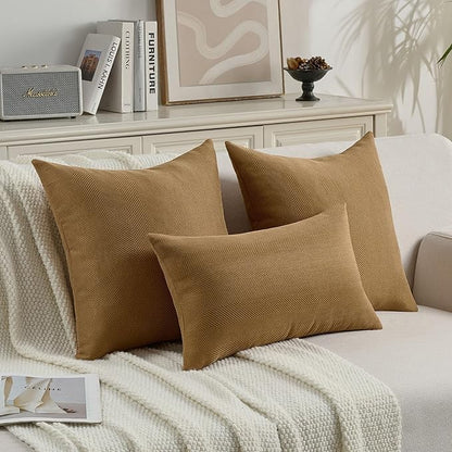 FUTEI Camel Chenille Throw Pillow Covers 16x16 Inch Set of 2,Soft Wide Chevron Textured Cushion Case,Farmhouse Home Decor for Couch Bed Living Room