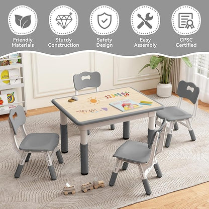 Kids Study Table and Chairs Set, Height Adjustable Toddler Table and Chair Set for Kids Ages 3-8, 31.5" L x 23.6" W Graffiti Desktop Plastic Children Art Table with 4 Seats, Grey
