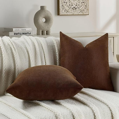 FUTEI Dark Brown Chenille Throw Pillow Covers 16x16 Inch Set of 2,Soft Wide Chevron Textured Cushion Case,Farmhouse Home Decor for Couch Bed Living Room