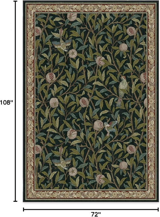 RUGGABLE x Morris & Co Washable Area Rug – Pomegranate Blue Green 6x9, Stain-Resistant, Non-Slip – Medium Machine Washable Rugs for Living Room, Bedroom, Hallway, Entryway & Office–with Standard Pad