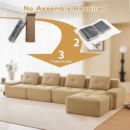 150.4” Camel Boneless Couches for Living Room, Modular Sectional Sofa with L-Shape Chaise, 4 Seater Comfy Upholstered Deep Seat Corduroy Fabric Cloud Couch No Assembly, Anti-Slip Design