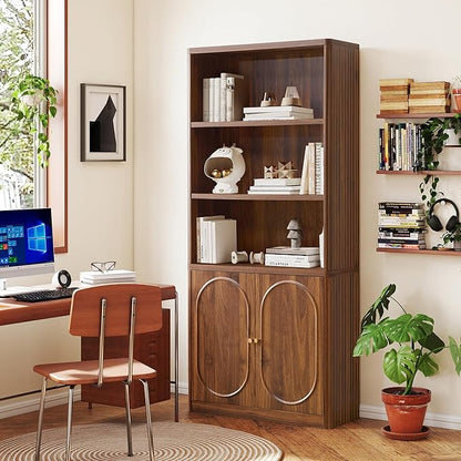 70.8" Tall Fluted Bookshelf with Storage Cabinet, Modern 5-Tier Wood Bookcase with Open Display Storage Shelf, Gold Handles for Office Living Room (Walnut)