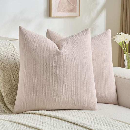 FUTEI Pink Decorative Throw Pillow Covers 18x18 Inch Set of 2,Soft Cozy Wheat Ear Striped Patterns Cushion Cases,Modern Home Decor for Couch Bed Living Room