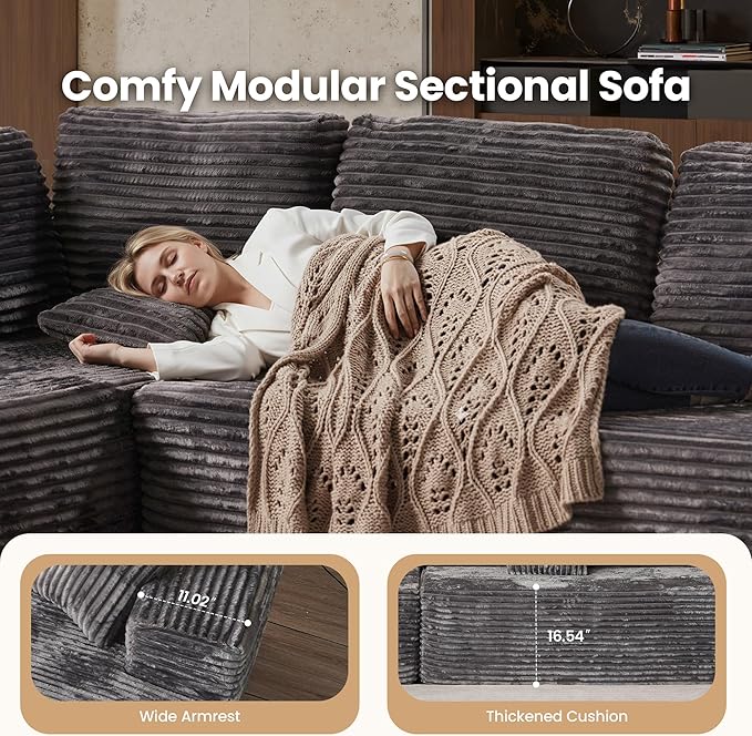 Cloud Sectional Couch with Loveseat, Boneless U-Shaped Cloud Couch with Deep Seat, Soft Plush Modern Minimalist Sofa, Assembly Free Modular Floor Sofa for Office Living Room Apartment, Grey
