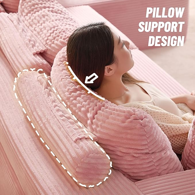 107" Boneless Couch with Deep Seat, Modular Sectional Sofa, Cloud Sectional Couch for Living Room, No Assembly Required, Corduroy, U-Shape 3 Seater Right, Pink