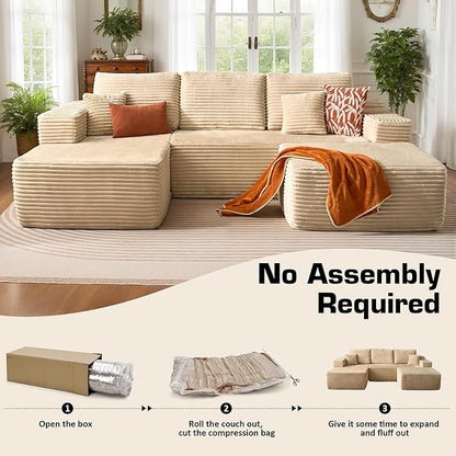 106" Cloud Sectional Couch with L-Shape Chaise & Ottoman, No Assembly Modular Sofa, Deep Seat Plush Corduroy Boneless Couched for Living Room (Beige Plush Corduroy, Left Facing Chaise with Ottoman)