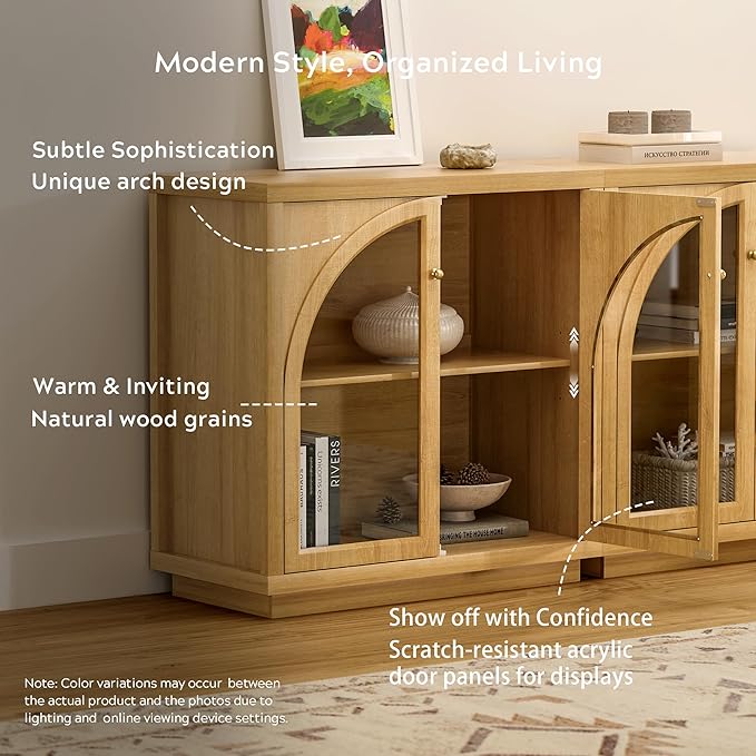 Sideboard Buffet Cabinet, Storage Cabinet with Adjustable Shelf Modular Accent Display Case with Acrylic Doors Console Table for Living Room Kitchen Entryway, Natural Oak