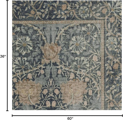 RUGGABLE x Morris & Co Washable Area Rug – Honeysuckle & Tulip Blue 3x5, Stain-Resistant, Non-Slip – Small Machine Washable Rugs for Living Room, Bedroom, Hallway, Entryway & Office–with Standard Pad