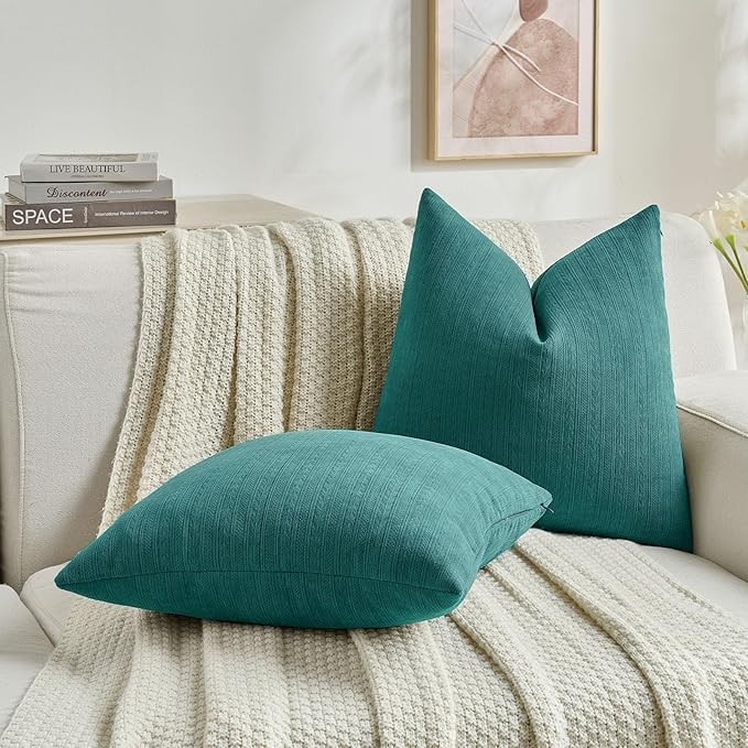 FUTEI Teal Decorative Throw Pillow Covers 20x20 Inch Set of 2,Soft Cozy Wheat Ear Striped Patterns Cushion Cases,Modern Home Decor for Couch Bed Living Room