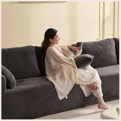 138" Boneless Couch with Deep Seat, Modular Sectional Sofa, Cloud Sectional Couch for Living Room, No Assembly Required, Corduroy, 4 Seater L-Shape Right, Grey
