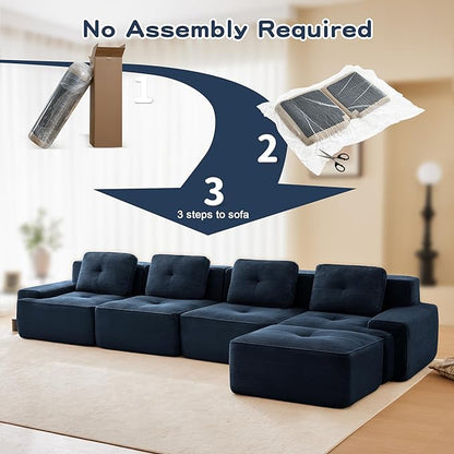 150.4” Blue Boneless Couches for Living Room, Modular Sectional Sofa with L-Shape Chaise, 4 Seater Comfy Upholstered Deep Seat Corduroy Fabric Cloud Couch No Assembly, Anti-Slip Design