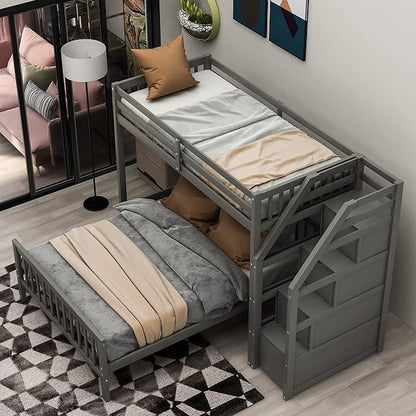 Twin Over Full Wood Loft Bed with Staircase,High Guardrails and Ladder-Handrails,Ladder W/ 3 Storage Grids,Bedroom Furniture for Children,Teens,Adults,Gray