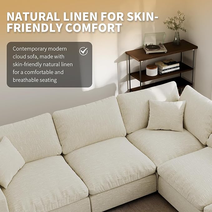 Modern Sectional Linen Couch for Living Room V-Shape Sofas,5 Seat Modular Cloud Sofas,Couches Cushion Covers Removable,Cozy Feather Down Sofa for Apartment Beige