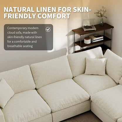 Modern Sectional Linen Cloud Couch for Living Room Loveseat Modular Filled-Down Sofas, Detachable Couch Cushion Covers,Cozy Feather Down Sofa for Apartment Beige