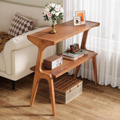 Tribesigns Set of 2 Wood Side Table, 2-Tier Tall Slim End Table with Storage Shelves, Modern Couch Side Table for Living Room, Narrow Bedside Table, Nightstands for Bedroom, Cherry