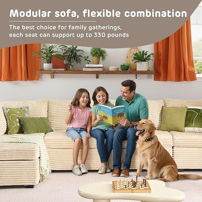 130'' Modern Modular Sectional Sofa with Movable Ottoman,5 Seats Cloud Comfort Corduroy Fluffy Couch,L Shaped Convertible Sofa Couch for Living Room,Beige