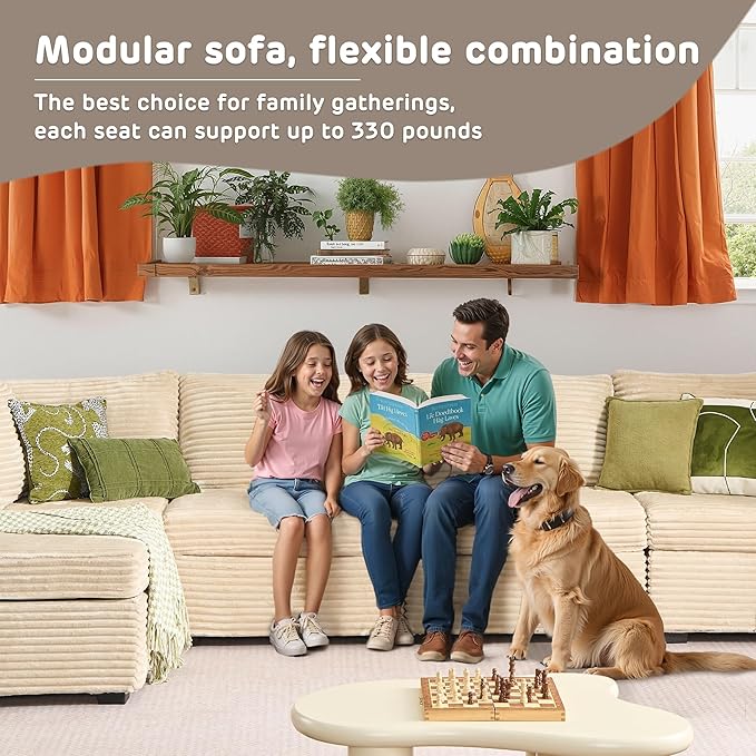 130'' Modern Modular Sectional Sofa,5 Seats Cloud Comfort Corduroy Fluffy Couch,L Shaped Convertible Sofa Couch for Living Room,Beige