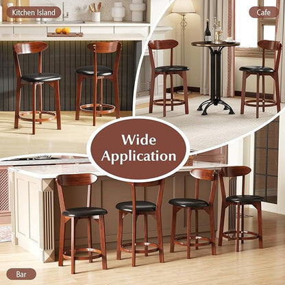 COSTWAY Bar Stool Set of 2, 23.5'' Counter Height Barstools w/Curved Backrest, Faux Leather Cushion & Rubber Wood Frame, Mid Century Modern Island Chairs for Kitchen Bar Cafe, Walnut