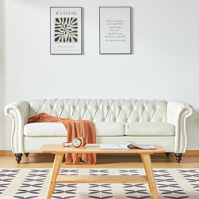 Chesterfield 3 Seater Sofa, Modern Leather Tufted Couch 3 Seater with Rolled Arms and Nailhead Mid-Century Upholstered Couch for Living Room, Bedroom, Apartment and Office, White