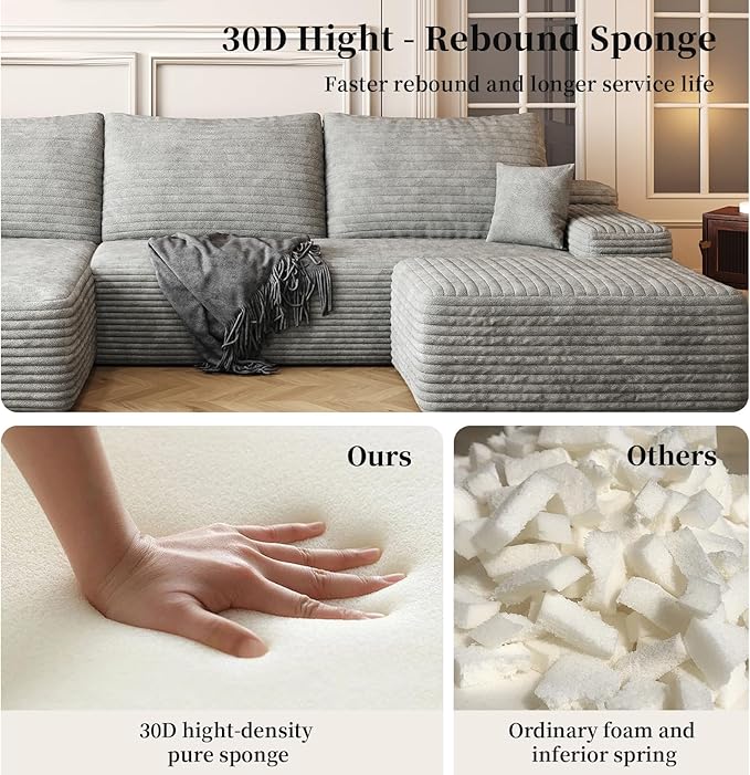 107.5" Compressed Boneless Couch with Ottoman, 2 Seater Large U Shaped Sectional Couches for Living Room, Grey Corduroy Cloud Modular Sectional Sofa, Memory Foam, No Assembly，Light Facing Chaise
