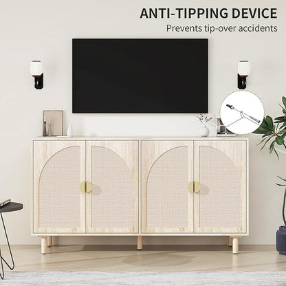 Beige Sideboard Cabinet with 4 Rattan Doors, Rattan Buffet Cabinet with Adjustable Shelves & Pine Legs, Boho Sideboard Buffet for Living Room, Kitchen, Entryway, Beige