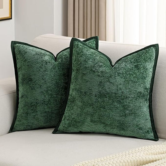 FUTEI Christmas Dark Green Chenille Throw Pillow Covers 16x16 Inch Set of 2,Soft Cozy Bound Edge Design Cushion Case,Home Decor for Couch Bed Living Room