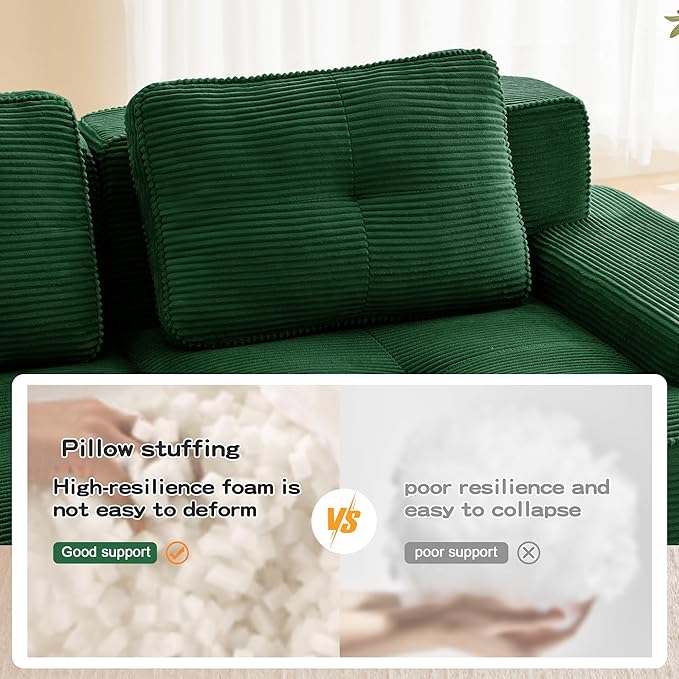 115.3” Green Boneless Couches for Living Room, Modular Sectional Sofa with L-Shape Chaise, 3 Seater Comfy Upholstered Deep Seat Corduroy Fabric Cloud Couch No Assembly, Anti-Slip Design