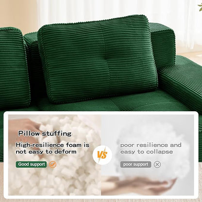 115.3” Green Boneless Couches for Living Room, Modular Sectional Sofa with L-Shape Chaise, 3 Seater Comfy Upholstered Deep Seat Corduroy Fabric Cloud Couch No Assembly, Anti-Slip Design