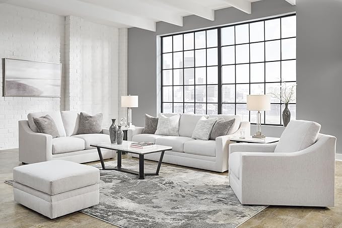 Signature Design by Ashley Maitelynn Contemporary Loveseat with Accent Pillows, Reversible Cushions and Sloped Arms, Light Gray